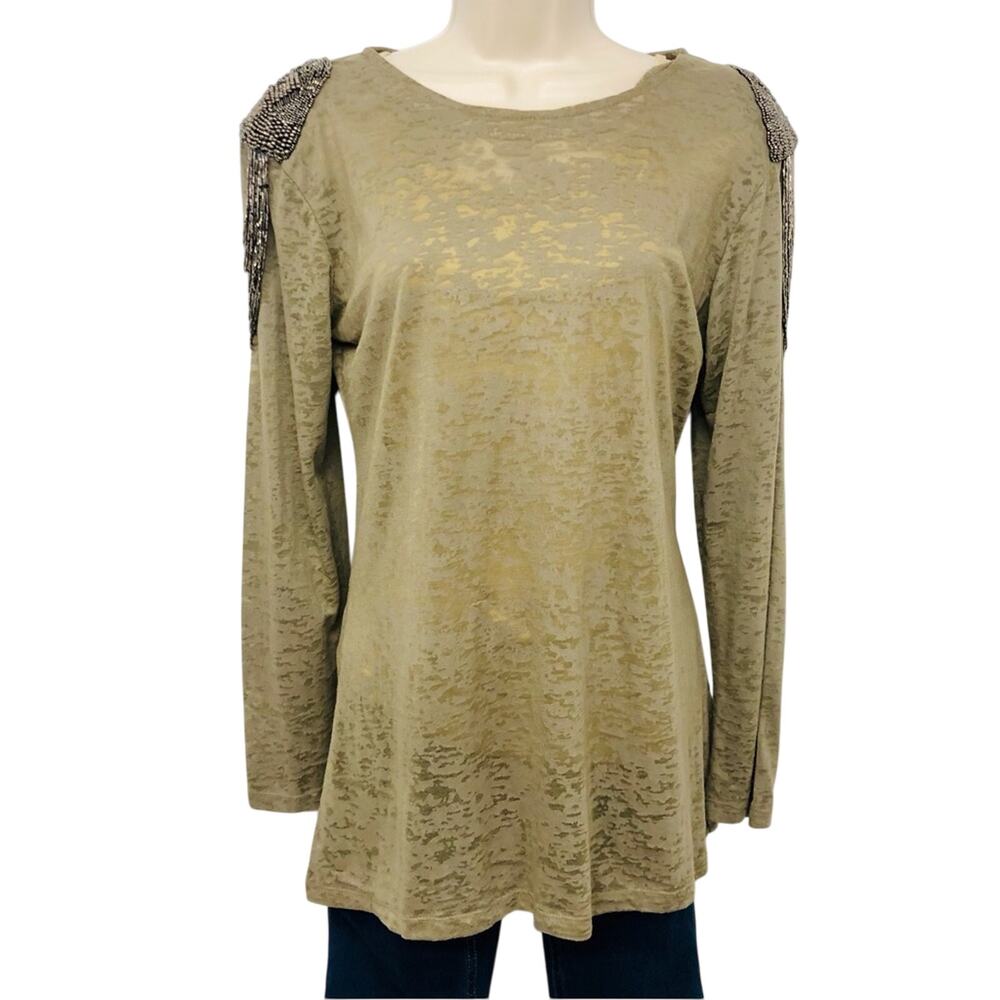 Cha Cha Vente Military Style Bead Epaulette Top Gold Burnout fabric Long Sleeve